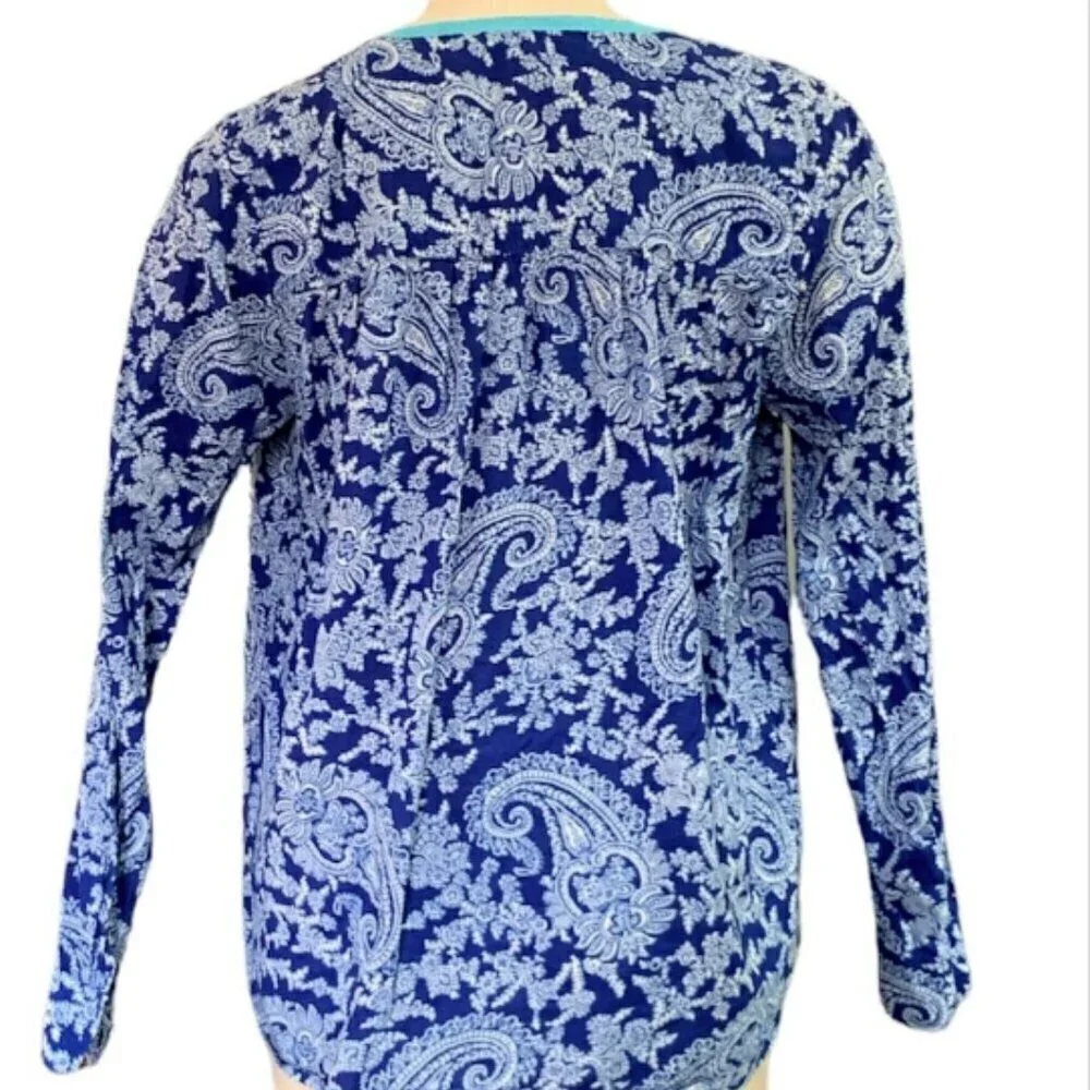 J Crew V-Neck Cotton Tunic‎ Top BOHO Paisley Embroidered S Blue #352J